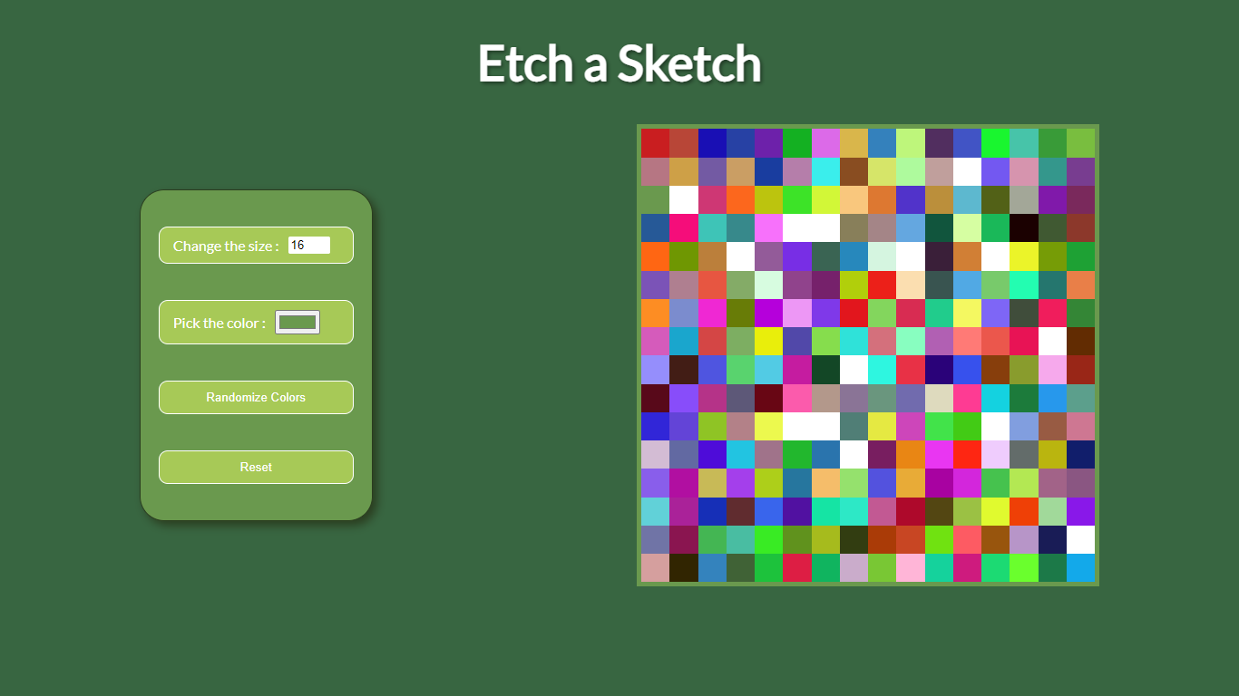 Screenshot of the Etch a Sketch app with a grid of random colored squares