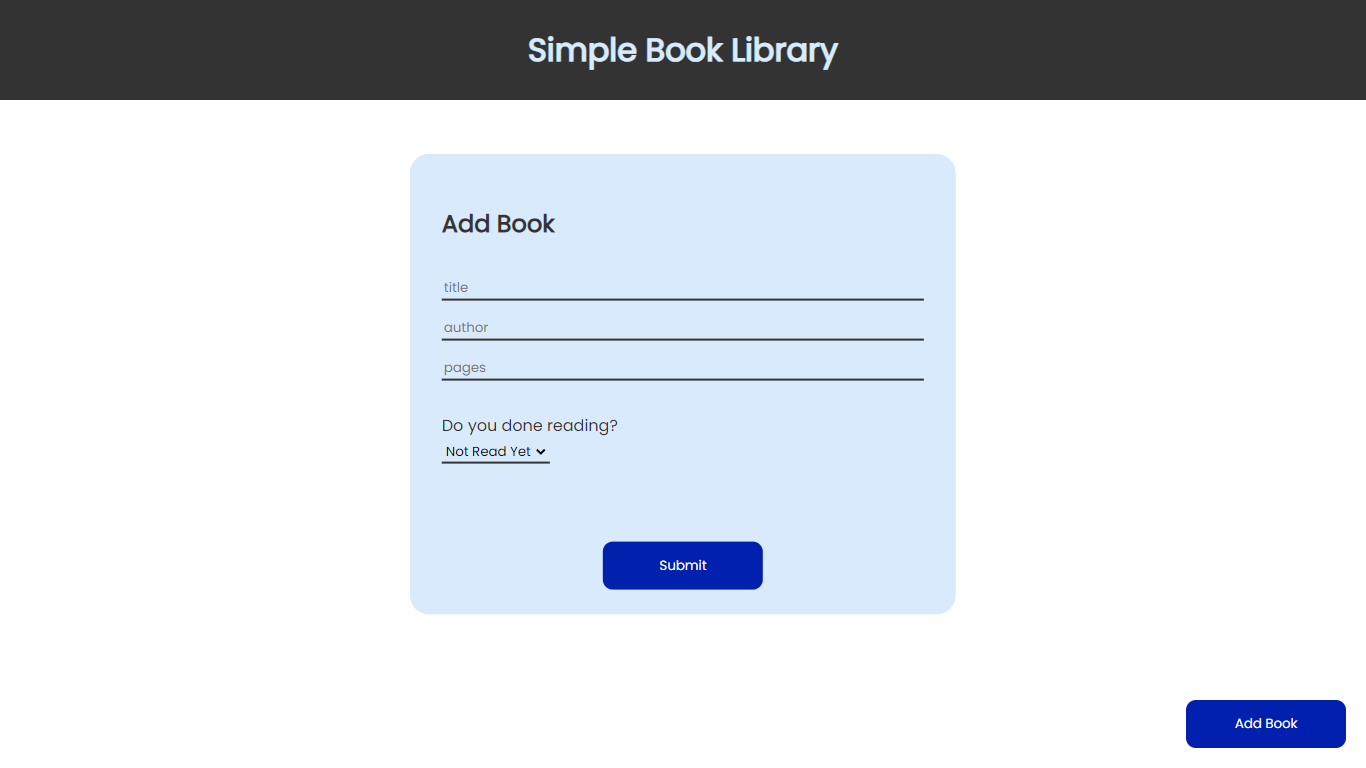 Screenshot of the Simple Book Library app with an Add Book form